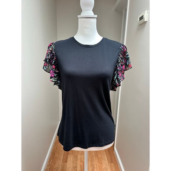 Generation Love Flutter Sleeve Tee Shirt Black Floral size Small - Picture 2 of 7